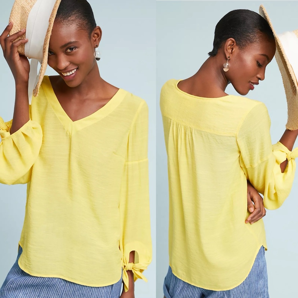 Anthropologie Maeve Yellow‎ Blouse Womens Size XL Verona Tie Sleeve Top Summer